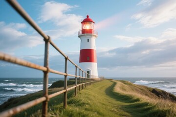 Red and white lighthouse on coastal cliff with ocean waves and grassy path