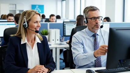 Two professional agents wearing headsets are actively engaged in their roles within a bright, contemporary open-plan office environment. The scene highlights the dynamic nature of a call center or cus
