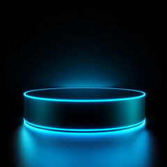 青いネオンが輝く黒い円形のポディウム。近未来的なテクノロジー製品の展示用3D背景素材。