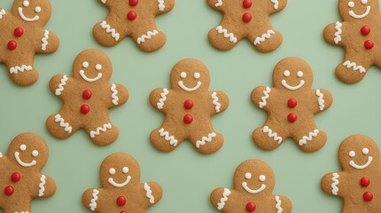 Several gingerbread man cookies are arranged across a soft green background in a repeating pattern. Each cookie is decorated with white icing to form smiling faces, buttons, and clothing details.