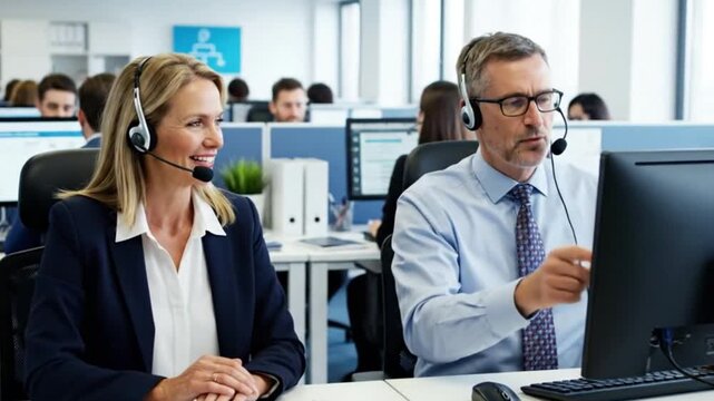 Two professional agents wearing headsets are actively engaged in their roles within a bright, contemporary open-plan office environment. The scene highlights the dynamic nature of a call center or cus