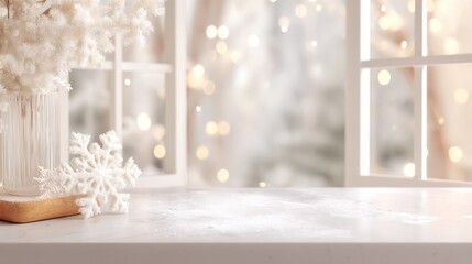 Soft snowflakes gently coat a cozy windowsill, while warm bokeh lights shimmer through frosted glass. The delicate vase and snowflake add an elegant winter touch to this serene space