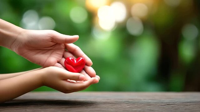 Adult child hands, red heart holding, love charity representation, compassion kindness symbol, emotional connection visual, family bonding moment, community support concept, defocu