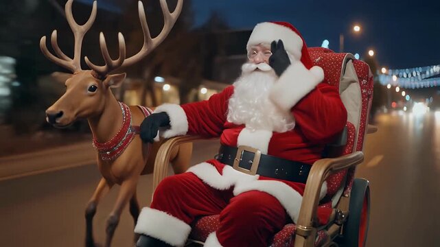 Santa Claus rides in his sleigh with a reindeer on a street decorated with Christmas lights.