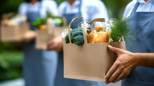 Volunteers delivering food, aid to family, community assistance program, hunger relief effort, charitable meal distribution, social service outreach, humanitarian support activity,