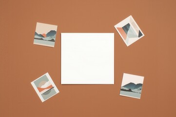 Flat lay of art prints and blank square paper on brown background
