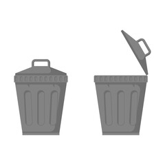 Simple Flat Design Vector Illustration featuring Two Grey Trash Cans, one open and one closed, symbolizing waste disposal, recycling, and environmental care