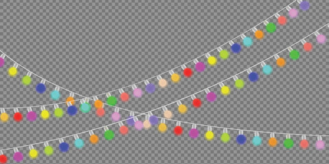 Soft glowing pattern bulbs hang on thread, Christmas New Year banner