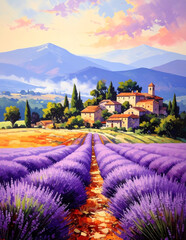 Landscape in Provence, France featueing lavender field, hilltop village and mountains