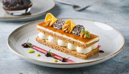 Close Up Of Artisanal Layered Dessert With Cream And Caramel Topping Garnished With Chocolate And Mint On A Plate With Natural Lighting