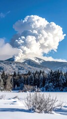 Obraz premium Mount St. Helens Eruption: Dramatic Volcanic Cloud Over Snow-Covered Landscape, Washington State - Winter Scene