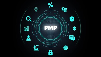 PMP acronym in center of digital interface with business icons and world map finance technology - Powered by Adobe