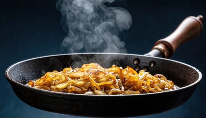 Close-up of Glistening Caramelized Onions Saut&eacute;ed in a Rustic Cast-Iron Pan with Steam Rising Against a Dark Background