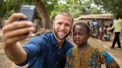 Male volunteer children, selfie photo taking, African village scene, charitable assistance delivery, international development support, community visit program, child welfare focus