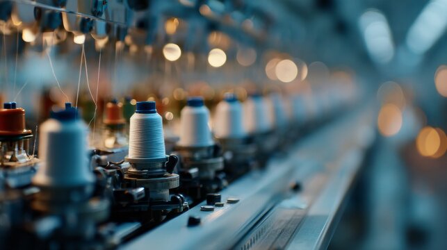 Workers expertly manage the swift movements of a lively factory production line, as spools of colorful thread await their next creative use, creating an industrious atmosphere filled with energy - Powered by Adobe