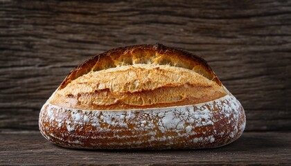 Close up overhead view of rustic artisanal sourdough bread with a golden brown crust dusted generously with white flour set against a dark weathered wooden background a delectable baked good perfect