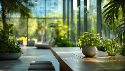 Abstract office interior background. Blurry office space. Modern workspace design. Glass walls, blurred furniture, plants. Natural light, commercial building, business concept, indoor. High quality