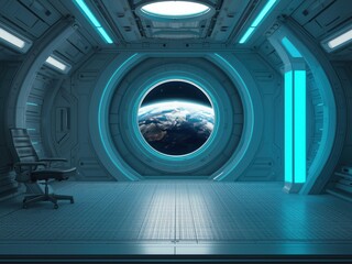 Obraz premium futuristic spaceship interior with view of earth and stars digital art