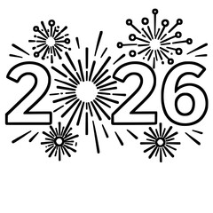Happy New Year 2026 Festive Celebration Fireworks Outline Vector Art