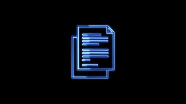 Neon liner document text icon on black background. Icon animation. 4K
