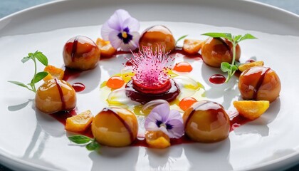 Exotic Fruits and Edible Flowers Gourmet Plating Captured in Soft Natural Light Featuring Vibrant Tea Accents and Purple Pansies on a White Plate