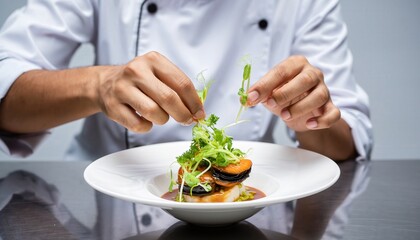 Expert Chef Carefully Places Delicate Microgreens on Gourmet Seafood Dish in Professional Kitchen with Soft Studio Lighting
