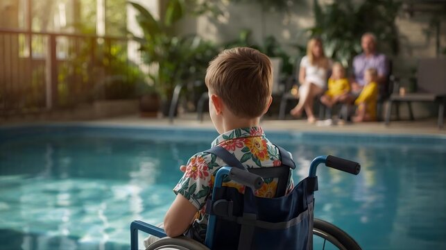 Young Boy in Accessible Blue Wheelchair by Indoor Pool with Multigenerational Family in Warm, Sunlit Setting