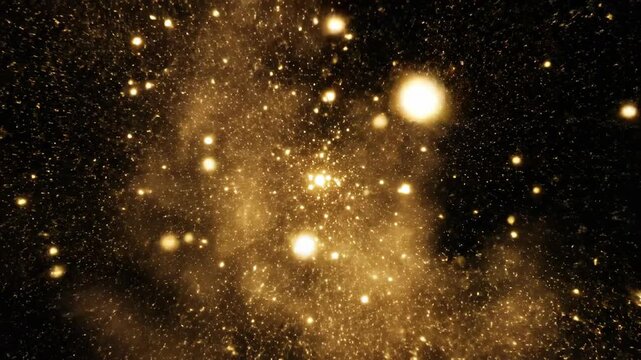 Ultra slow motion movement of bright golden dust particles slowly drifting and dispersing through deep space against a purely undefined black void mystical, glitter, future technology