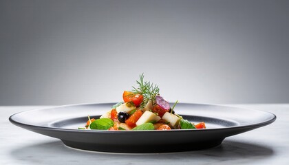 Exquisite Gourmet Salad Artfully Plated With Vibrant Fresh Vegetables And Herbs On A Dark Ceramic Dish With Soft Studio Lighting