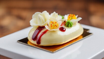 Exquisite Oval Pastry Delight Adorned with Delicate White Sugar Flowers and Vibrant Berry Coulis Drizzled Artfully Against a Soft Studio Lit Background