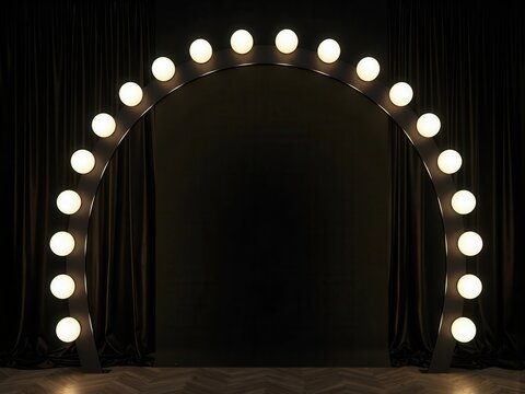 Glamorous lighted archway with draped curtains creating a theatrical entrance or backstage setting