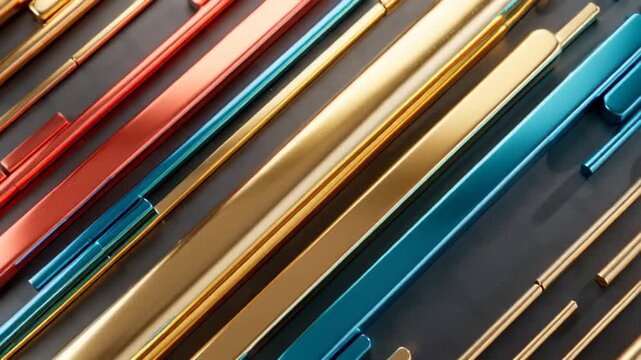 A vibrant arrangement of metallic straws in red, gold, blue and silver against a dark background, showcasing a modern, stylish aesthetic