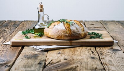 Freshly Baked Artisan Bread with Olive Oil and Rosemary on a Rustic Wooden Table