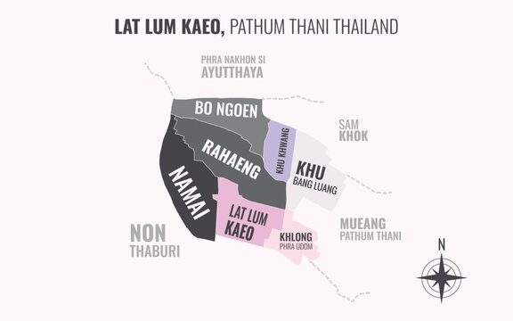 Map showing Lat Lum Kaeo District Pathum Thani Thailand divided into sub-districts with minimalist colorful patterns
.eps