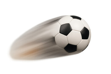 Soccer ball in fast motion with blur effect. Concept of speed, dynamics, power, and activity. Transparent background