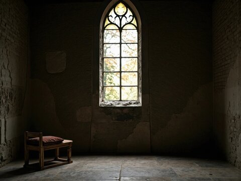 Gothic window illuminates a lone chair in a dimly lit ancient room