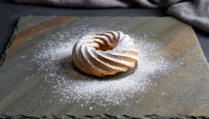 Gourmet Artisan Pastry Ring Dusted With Powdered Sugar Artfully Arranged On A Dark Slate Surface With Soft Natural Lighting And A Grey Cloth Accent