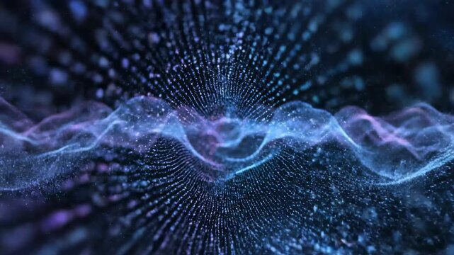 Ultra slow motion view of countless microscopic blue particles flowing rapidly and coalescing into an ethereal quantum resonant field background visualization, fluid, corporate