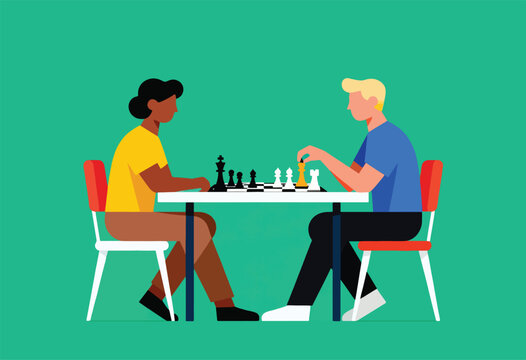 Two people play chess at a white table, sitting in chairs with red backs against a teal backdrop