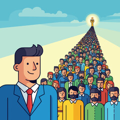 Leader guiding a large group of people towards success and achievement.