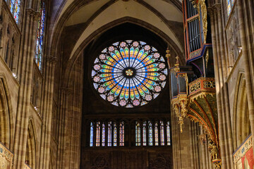 2024, 30 December, France, Alsace, Strasbourg: View of Notre Dame cathedral with frame houses