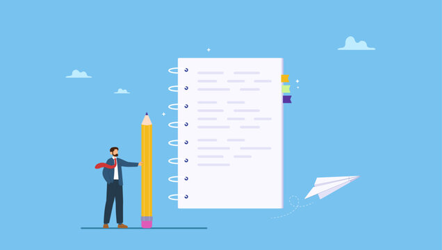 Businessman holding pencil writing message on notebook paper. Write note or message on notebook paper, writing document, memo or lecture, record information, diary or article.