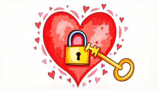 Heart-shaped lock and key on white background, romantic symbolism, watercolor style     