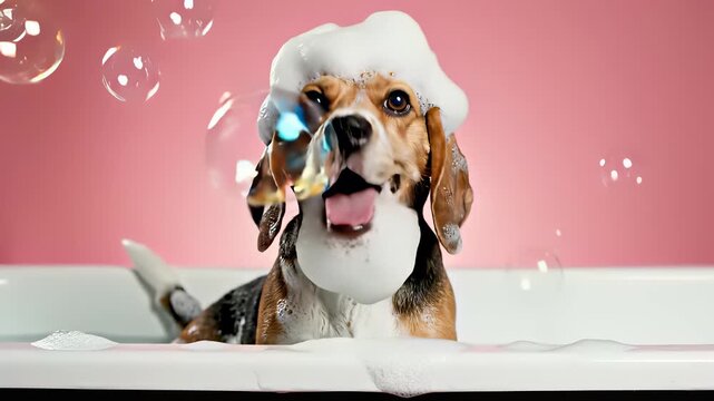 A playful dog indulges in a luxurious bath time experience, surrounded by copious amounts of bubbles floating to the surface of the bathtub, perfectly encapsulating joyful.