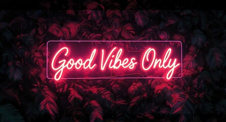 Neon sign declares "Good Vibes Only" against a backdrop of dark, textured leaves