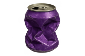 Crushed purple aluminum soda can with dirty crumpled surface, concept of waste, litter, pollution, and recycling on transparent background
