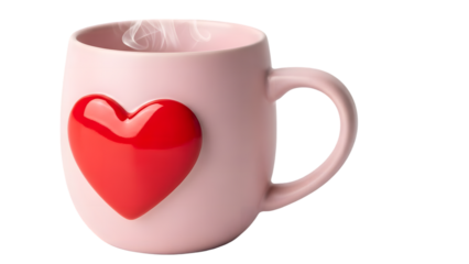Pink Ceramic Mug with Raised Red Heart Decoration Emitting Steam on Black Background Keywords: mug, cup, pink, ceramic, red heart