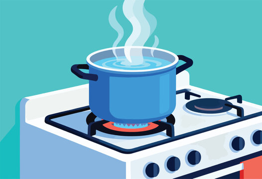 A blue pot filled with water on a stovetop, over a bright gas flame emitting steam. Clean, simple, graphic style