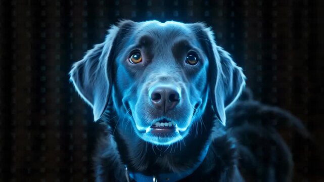 A beautifully lit black Labrador retriever with glowing highlights against a digital backdrop featuring abstract patterns and binary elements