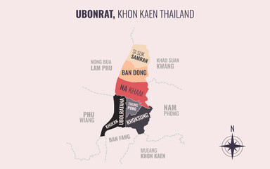 Map showing Ubonrat District Khon Kaen Thailand divided into sub-districts with minimalist colorful patterns
.eps